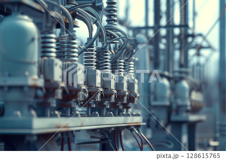 Electric substation with transformers a switchgear for high voltage transmission AI Generative 128615765