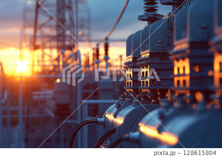 Substations with high voltage switchgear a transmission transformers AI Generative 128615804