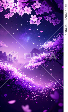 桜の花びらが舞う紫色の幻想的な風景 128615836