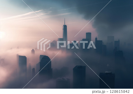 An early morning view of Manhattan skyline shrouded in mist fog at New York City AI Generative 128615842