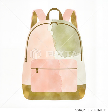 Pastel backpack design with gold and olive accents on white background 128616094