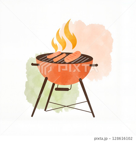 Colorful barbecue grill with sausages and flames, summer joy 128616102