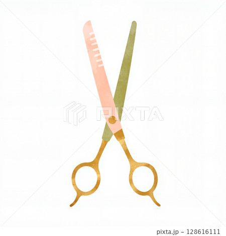 Stylish barber scissors in pastel colors on white background, creativity 128616111
