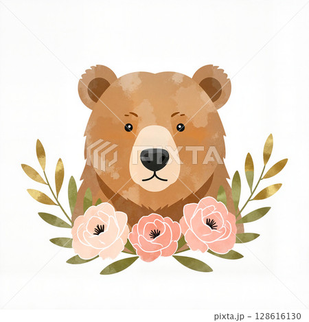 Cute bear with flowers in soft pastels, nature's beauty 128616130