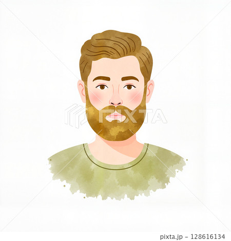 Bearded man in soft pastel colors on white background, serene expression 128616134