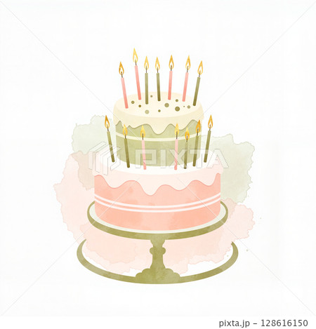Elegant birthday cake with candles on a white background, celebration theme 128616150