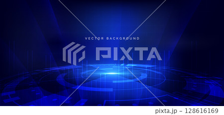 Circle hi tech neon blue light ray on dark blue background. Futuristics technology concept. 128616169