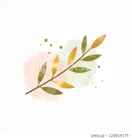 Pastel branch with gold and olive accents on white background, nature art Pastel branch with gold and olive accents on white background, nature art 128616175