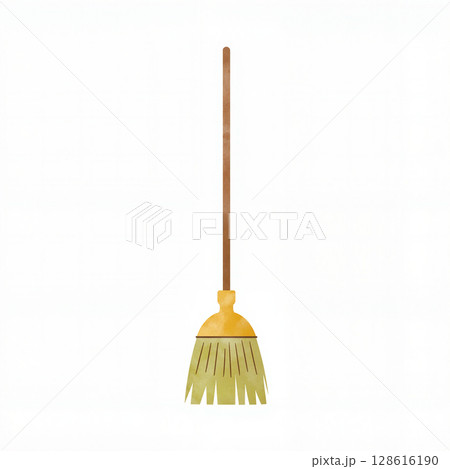 Pastel broomstick with gold and olive accents on white background, cleaning 128616190