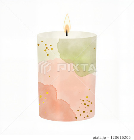 Pastel candle with gold accents on white background, soothing ambiance 128616206