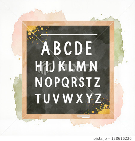 Pastel ABC letters on chalkboard with gold accents, educational art 128616226