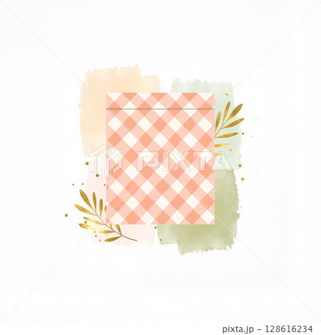 Pastel checkered pattern with gold accents and greenery, soft elegance 128616234