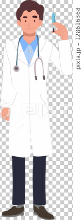 cartoon doctor holding syringe medical professional for vaccination and immunization concept cartoon doctor holding syringe medical professional for vaccination and immunization concept 128616368