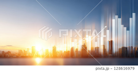 Ai finance economic growth concept with rising bar chart and arrow over city skyline at sunrise showing positive trend and future success 128616979