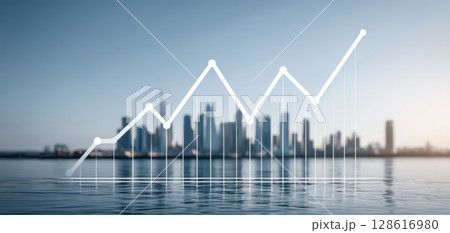 Ai finance economic graph chart growth concept with city skyline background showing positive trend and upward progress in financial data 128616980