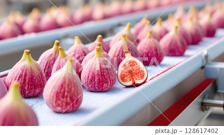 Fresh processed fig fruit on conveyor belt in agriculture export factory with ripe pink figs arranged in rows for quality control and packaging 128617402