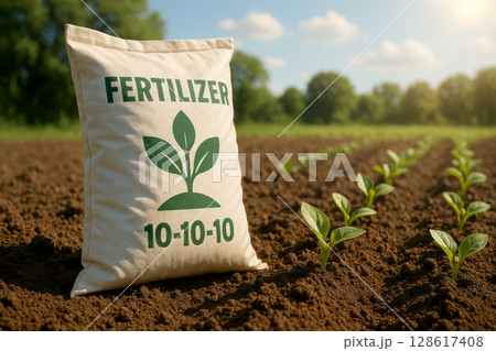 Fertilizer Bag in a Field with Young Plants 128617408