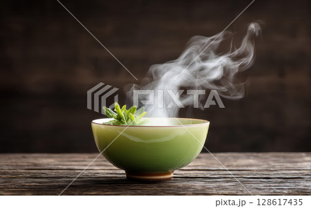 Steaming green tea in ceramic bowl with fresh leaves creates peaceful morning mindfulness routine perfect for relaxation and calm moments of matcha enjoyment 128617435