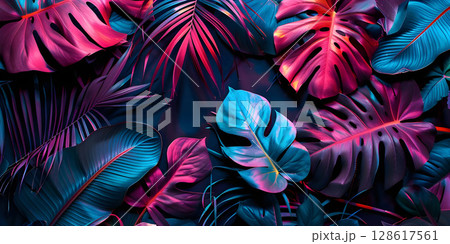 Neon Jungle: Creative Layout of Tropical Leaves in Fluorescent Colors, Tropical Neon: Flat Lay of Vibrant Leaves in Fluorescent Hues-Ai-generated Neon Jungle: Creative Layout of Tropical Leaves in Fluorescent Colors, Tropical Neon: Flat Lay of Vibrant Leaves in Fluorescent Hues-Ai-generated 128617561