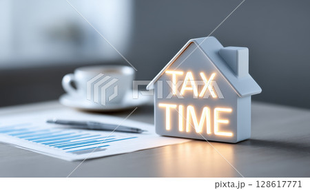 Tax time concept with property model and tax documents on table with coffee cup and pen 128617771