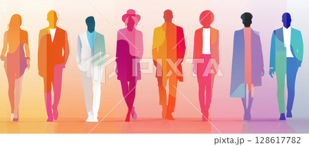 Inclusive workplace culture is shown by diverse people walking confidently together in colorful modern attire expressing unity and collaboration 128617782