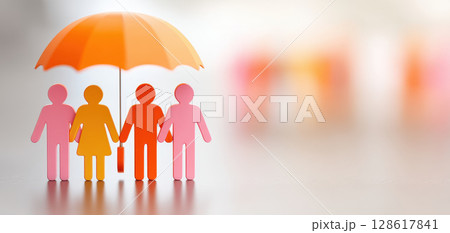 Customer service and health insurance protection are symbolized by paper cutout figures standing under orange umbrella representing care and security for people 128617841