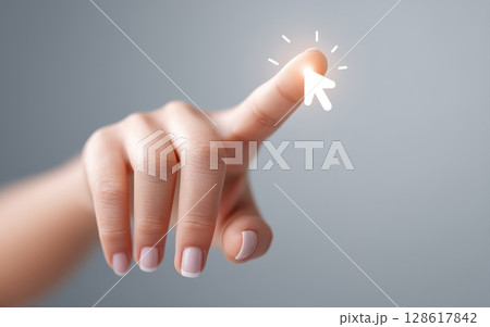 Close up of hand with finger pointing and cursor icon clicking on fingertip symbolizing customer interaction and service in health insurance digital platforms 128617842