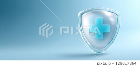 Trustworthy health insurance concept with transparent shield and blue medical cross symbol on light blue background representing protection and care for wellbeing Trustworthy health insurance concept with transparent shield and blue medical cross symbol on light blue background representing protection and care for wellbeing 128617864