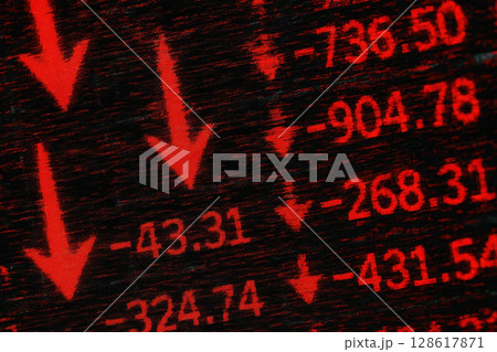 Stock market decline inflation recession impact financial crisis economic downturn red arrow falling numbers loss risk investment data chart 128617871