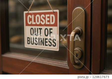 Closed out of business sign hanging on wooden door with metal handle reflecting economic challenges like inflation and recession affecting small shops and local economy 128617873