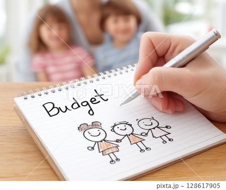 Person is planning family budget by drawing happy family on notebook with pen, showing careful budget planning to ensure financial stability and happiness 128617905