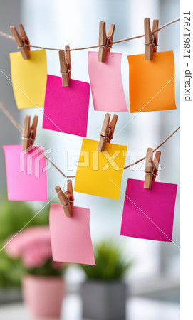 Colorful sticky notes hanging on string with wooden clips create vibrant scene that contrasts with calm background, symbolizing ideas during global financial crisis and bankrupt times 128617921