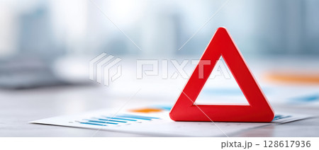 Red warning triangle on financial documents symbolizes global financial crisis warning of potential bankrupt risks affecting markets and economic stability worldwide 128617936