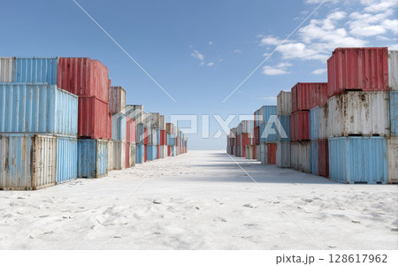 Shipping container stacked outdoor storage supply chain disruption concept with blue sky and white ground 128617962