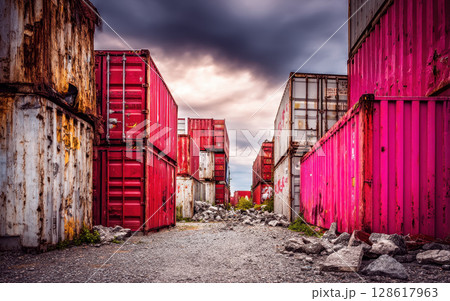 Shipping container supply chain disruption concept with stacked rusted and red cargo containers on gravel ground under cloudy sky 128617963