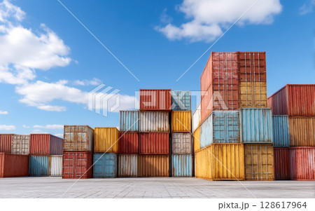 Shipping container stacked outdoors under blue sky supply chain disruption concept 128617964