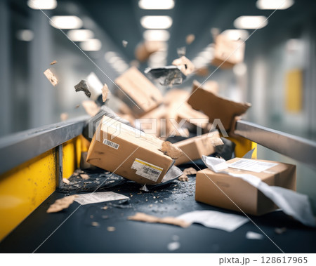 Damaged cardboard boxes fall off conveyor belt causing supply chain disruption in warehouse environment with blurred background and industrial lighting 128617965