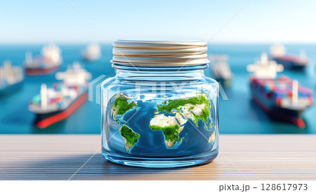 Global supply chain disruption concept with world map inside glass jar and cargo ship in background symbolizing trade and logistics challenges 128617973