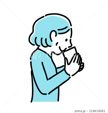 飲み物を飲む女性　シンプルなイラスト　 128618081