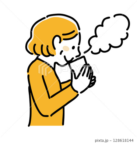 温かい飲み物を飲む女性　シンプルなイラスト　 128618144