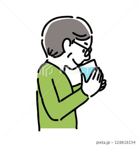飲み物を飲む男性　シンプルなイラスト　 128618154