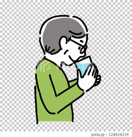 飲み物を飲む男性　シンプルなイラスト　 128618154