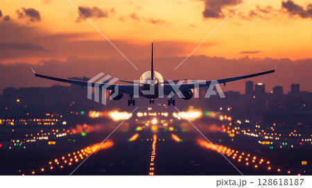 plane landing with sunset and blur city light plane landing with sunset and blur city light 128618187
