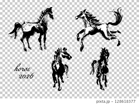 A set of brush-drawn horses / Vector material perfect for New Year's cards, etc. A set of brush-drawn horses / Vector material perfect for New Year's cards, etc. 128618377