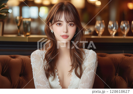 ウェーブヘアとイヤリングが美しい若い女性 128618627
