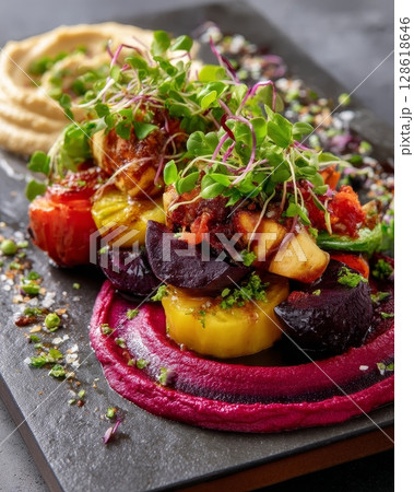 Colorful roasted vegetable salad with beet and hummus swirls. 128618646