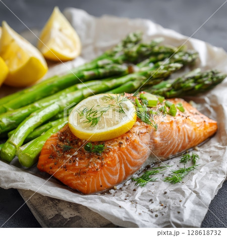 Grilled salmon fillet with asparagus lemon and dill garnish on parchment paper. Grilled salmon fillet with asparagus lemon and dill garnish on parchment paper. 128618732