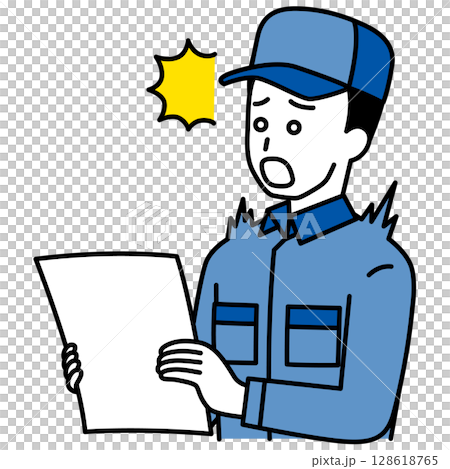 A man in overalls is surprised at the documents 128618765