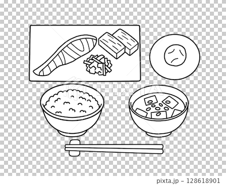 Japanese style breakfast set (salmon and miso soup) line drawing/black and white illustration Japanese style breakfast set (salmon and miso soup) line drawing/black and white illustration 128618901