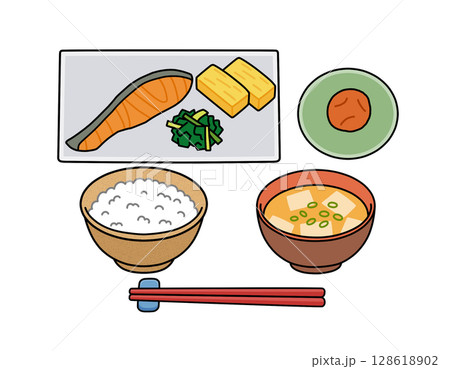 和風朝食セット(しゃけ・味噌汁)カラーイラスト 和風朝食セット(しゃけ・味噌汁)カラーイラスト 128618902